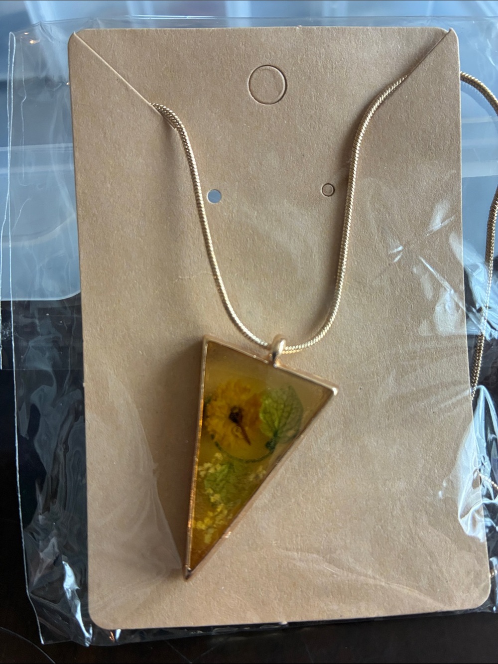 Gold-Tone Triangular Yellow Floral Resin Pendant Necklace - Women Jewelry